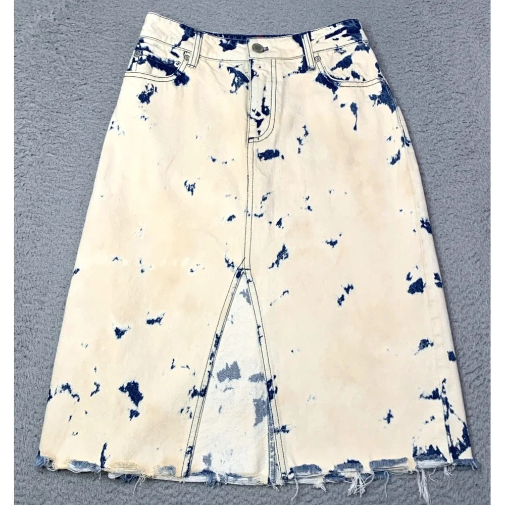 Alice + Olivia Skirt Womens 26 Jean You Look Good Blue Tan Dye Raw Hem NWOT